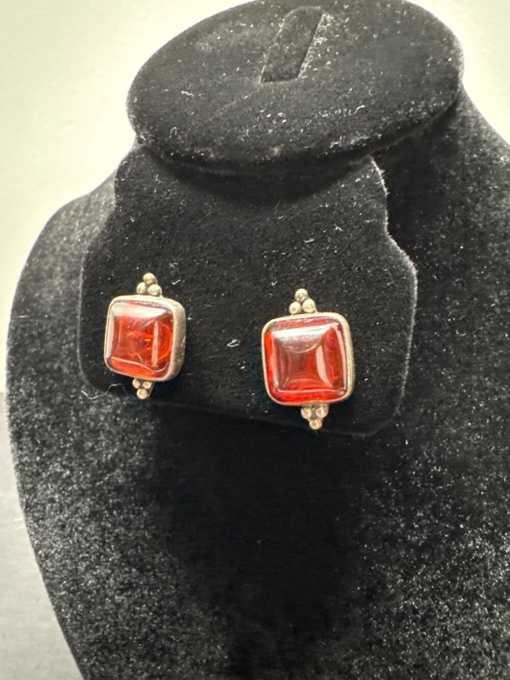 Vintage Lori Bonn 925 Sterling Silver Red Square Cabochon Gemstone Post Earrings